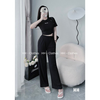 Set Bố Đồ Nữ Áo Croptop Tăm Vạt Bầu Khoét Vai Mix Quần Suông Ống Rộng Freesize