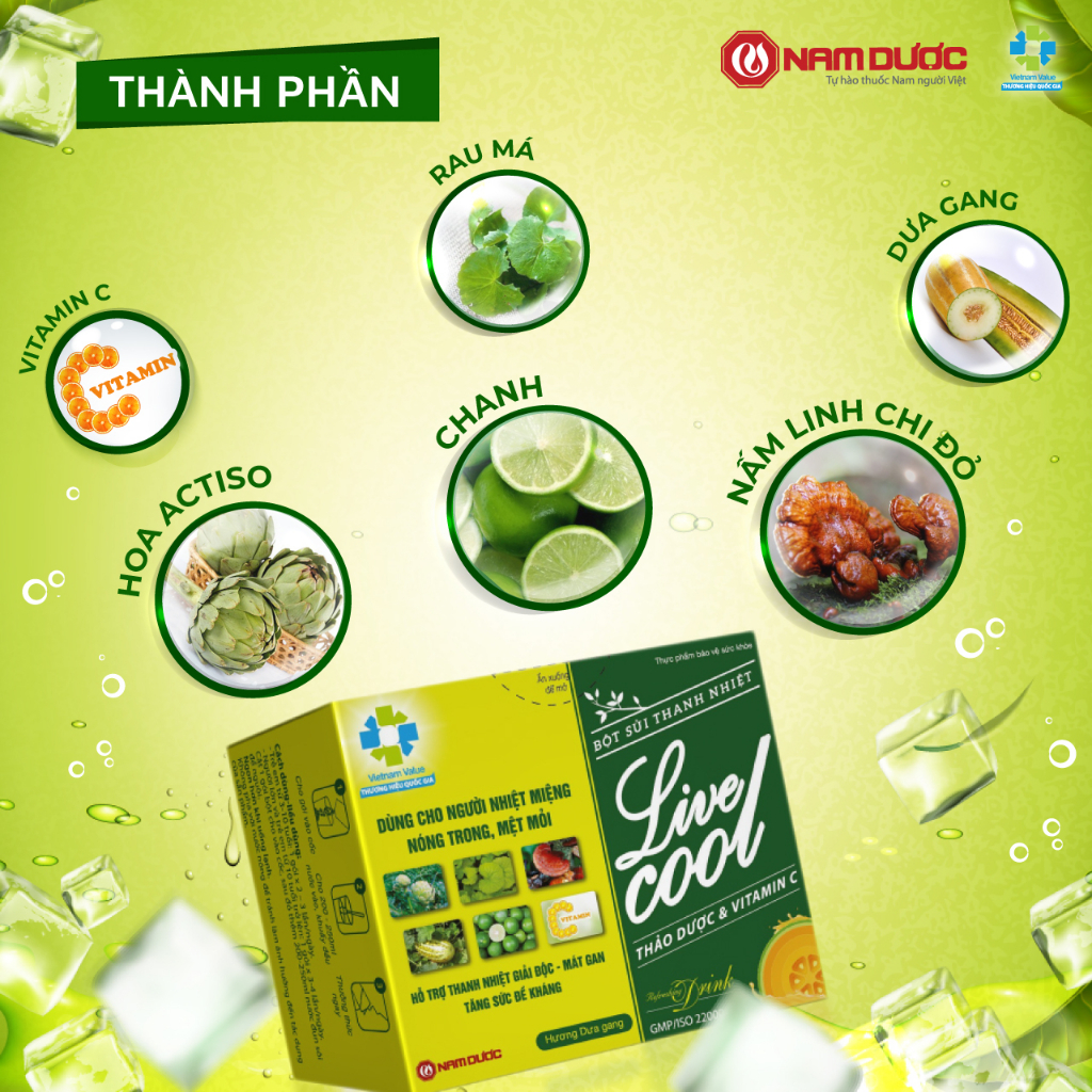 Ảnh Bột sủi thanh nhiệt Livecool Nam Dược hương dưa gang hộp 6 góix7g hỗ trợ giảm nhiệt miệng nóng trong 3