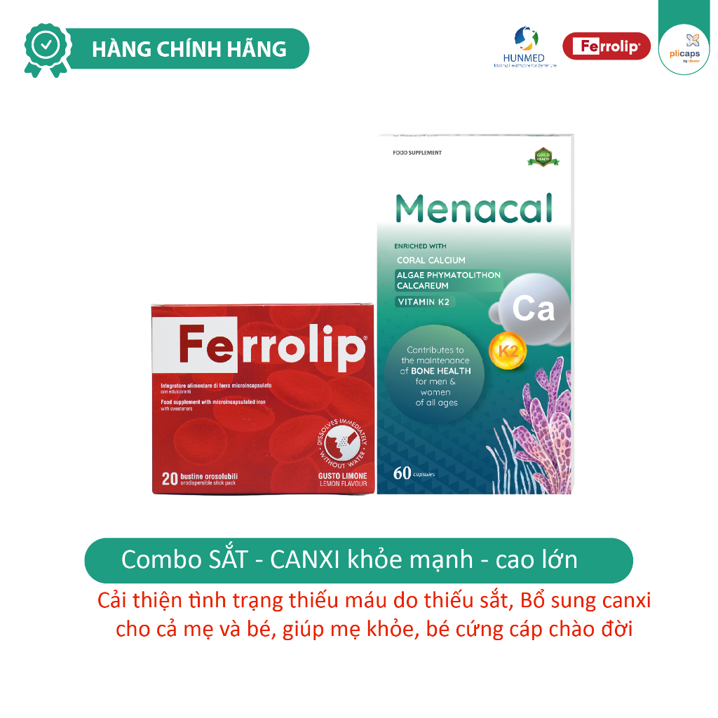 Combo Sắt Sinh Học Ferrolip - Canxi EU tảo biển Aplicaps Menacal dành cho người lớn, mẹ bầu, mẹ sau sinh date mới
