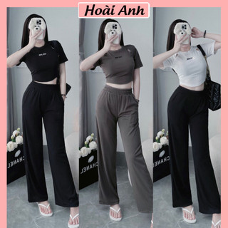 Set Bố Đồ Nữ Áo Croptop Tăm Vạt Bầu Khoét Vai Mix Quần Suông Ống Rộng Freesize