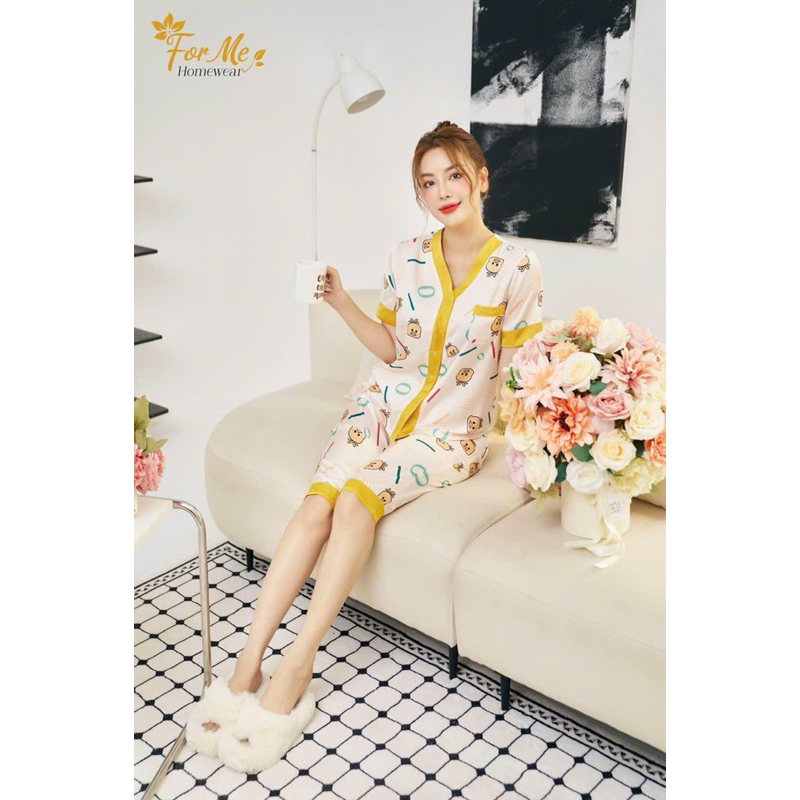 Bộ mặc nhà chất Lụa Hàn Châu Cao Cấp quần lửng họa tiết