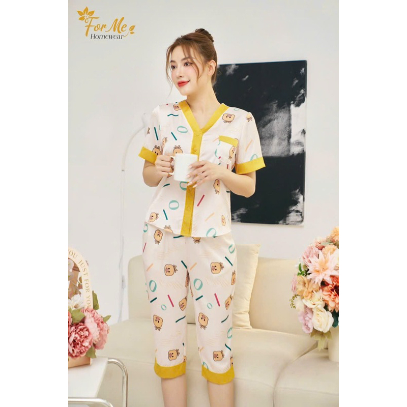 Bộ mặc nhà chất Lụa Hàn Châu Cao Cấp quần lửng họa tiết