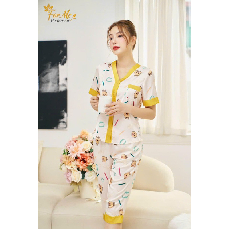 Bộ mặc nhà chất Lụa Hàn Châu Cao Cấp quần lửng họa tiết