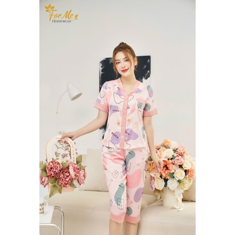 Bộ mặc nhà chất Lụa Hàn Châu Cao Cấp quần lửng cổ v họa tiết
