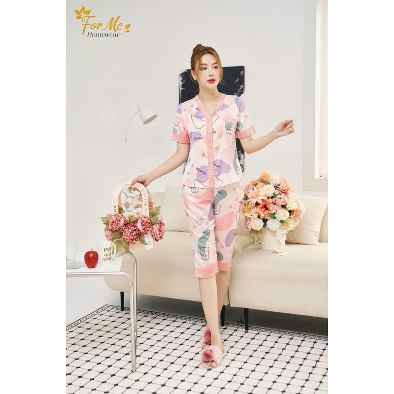 Bộ mặc nhà chất Lụa Hàn Châu Cao Cấp quần lửng cổ v họa tiết