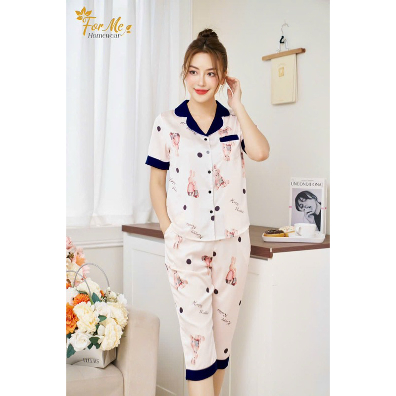 Bộ mặc nhà chất Lụa Hàn Châu Cao Cấp quần lửng cổ v họa tiết