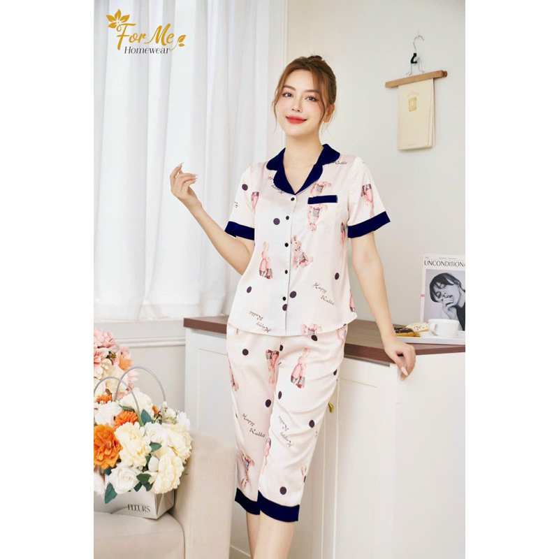 Bộ mặc nhà chất Lụa Hàn Châu Cao Cấp quần lửng cổ v họa tiết