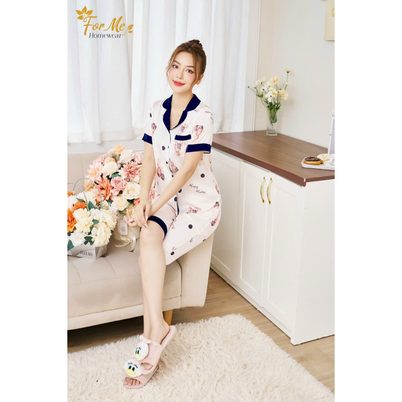Bộ mặc nhà chất Lụa Hàn Châu Cao Cấp quần lửng cổ v họa tiết