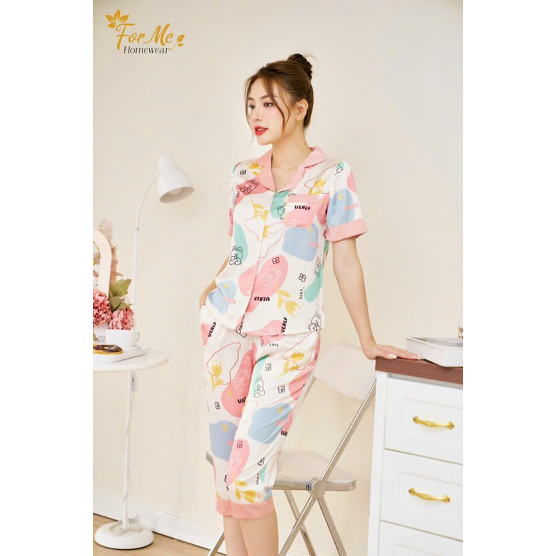 Bộ mặc nhà chất Lụa Hàn Châu Cao Cấp quần lửng tay ngắn hoạ tiết