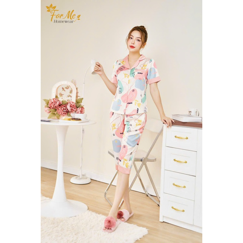 Bộ mặc nhà chất Lụa Hàn Châu Cao Cấp quần lửng tay ngắn hoạ tiết