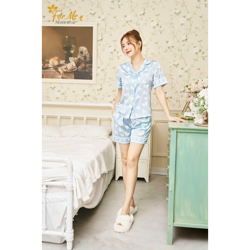 Bộ mặc nhà chất Lụa Hàn Châu Cao Cấp quần đùi họa tiết