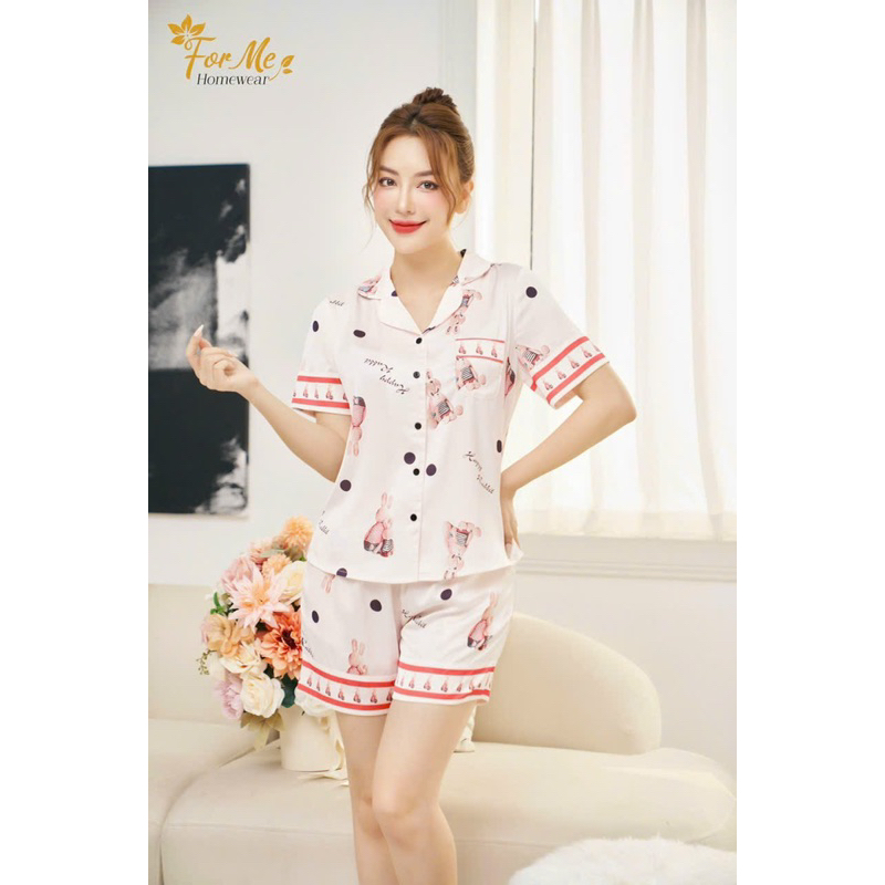 Bộ mặc nhà chất Lụa Hàn Châu Cao Cấp quần đùi họa tiết