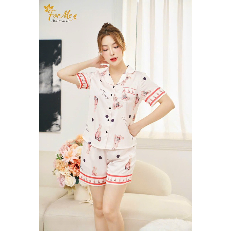 Bộ mặc nhà chất Lụa Hàn Châu Cao Cấp quần đùi họa tiết