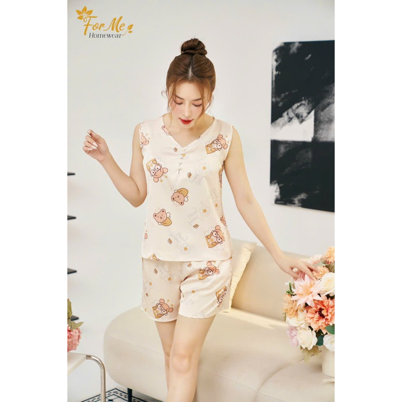 Bộ mặc nhà chất Lụa Hàn Châu Cao Cấp quần đùi họa tiết