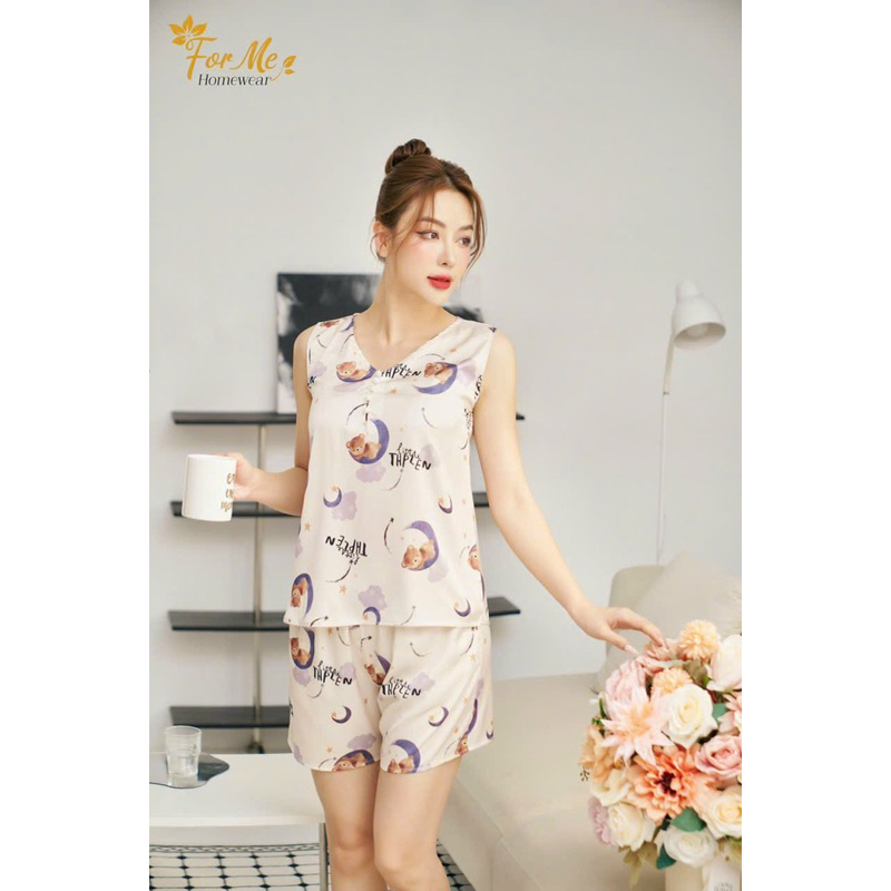 Bộ mặc nhà chất Lụa Hàn Châu Cao Cấp quần đùi họa tiết