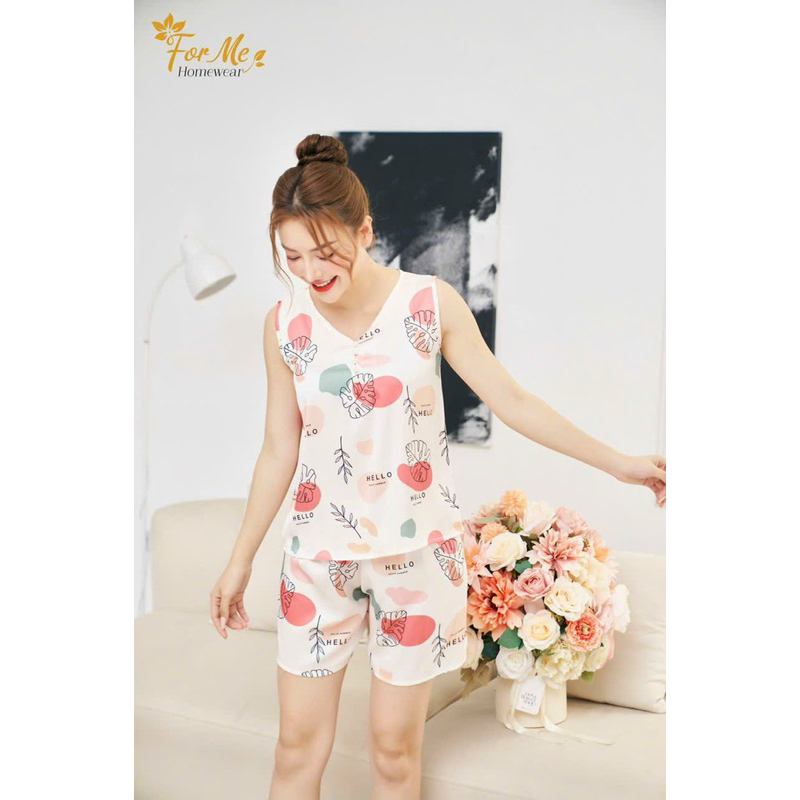 Bộ mặc nhà chất Lụa Hàn Châu Cao Cấp quần đùi họa tiết