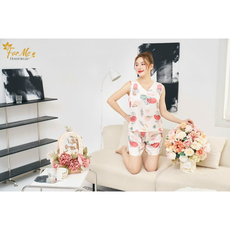 Bộ mặc nhà chất Lụa Hàn Châu Cao Cấp quần đùi họa tiết