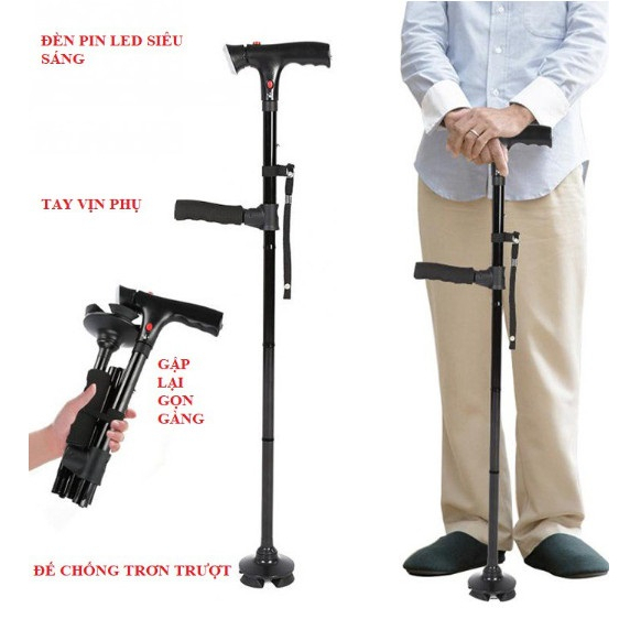 Gậy chống cho người già,gậy batoong, kết hợp đèn pin và tay vịn phụ, có thể gập gọn,trống chượt