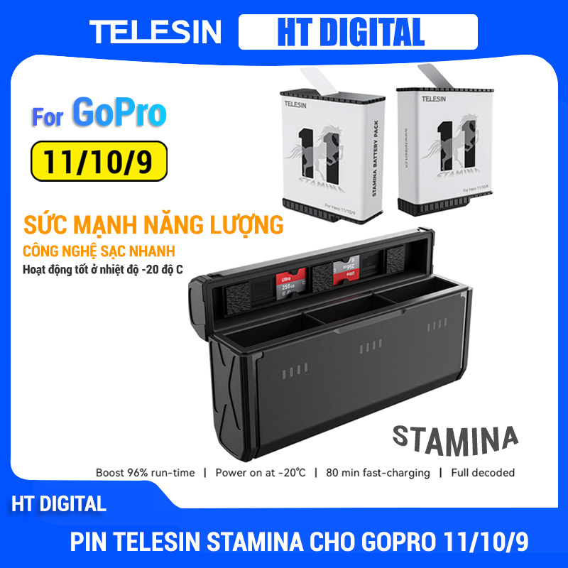 Pin Telesin GoPro 12/11/10/9 Stamina Cao Cấp và Hộp Sạc Pin Đa Chức ...