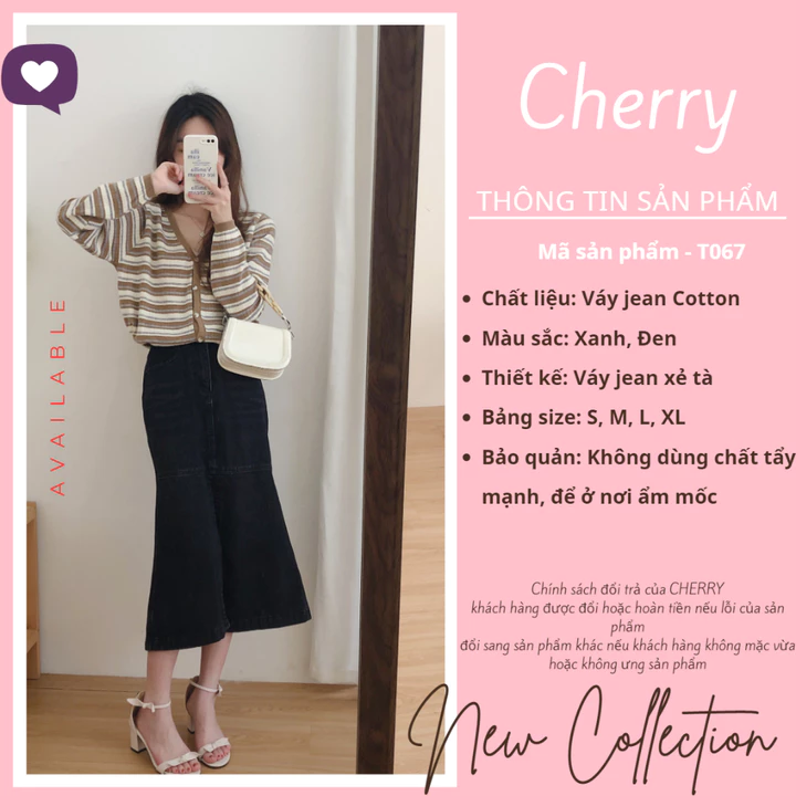 Chân váy đuôi cá váy jean nữ xẻ tà giữa CHERRY chất đẹp, chân váy bò nữ đuôi cá co giãn dễ phối T067