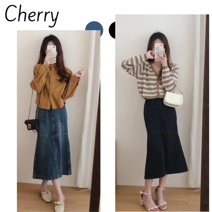 Chân váy đuôi cá váy jean nữ xẻ tà giữa CHERRY chất đẹp, chân váy bò nữ đuôi cá co giãn dễ phối T067