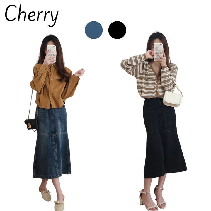 Chân váy đuôi cá váy jean nữ xẻ tà giữa CHERRY chất đẹp, chân váy bò nữ đuôi cá co giãn dễ phối T067