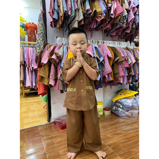 Đồ phật tử dành cho bé trai, cổ lãnh tụ thêu túi, thời trang bé
