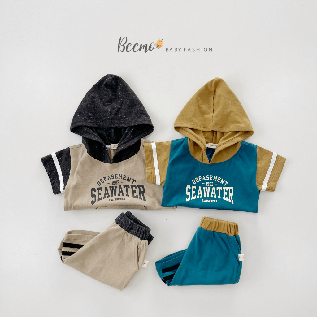 Bộ cotton hoddie unisex cho bé, bộ cộc tay có mũ phong cách thể thao Bernie