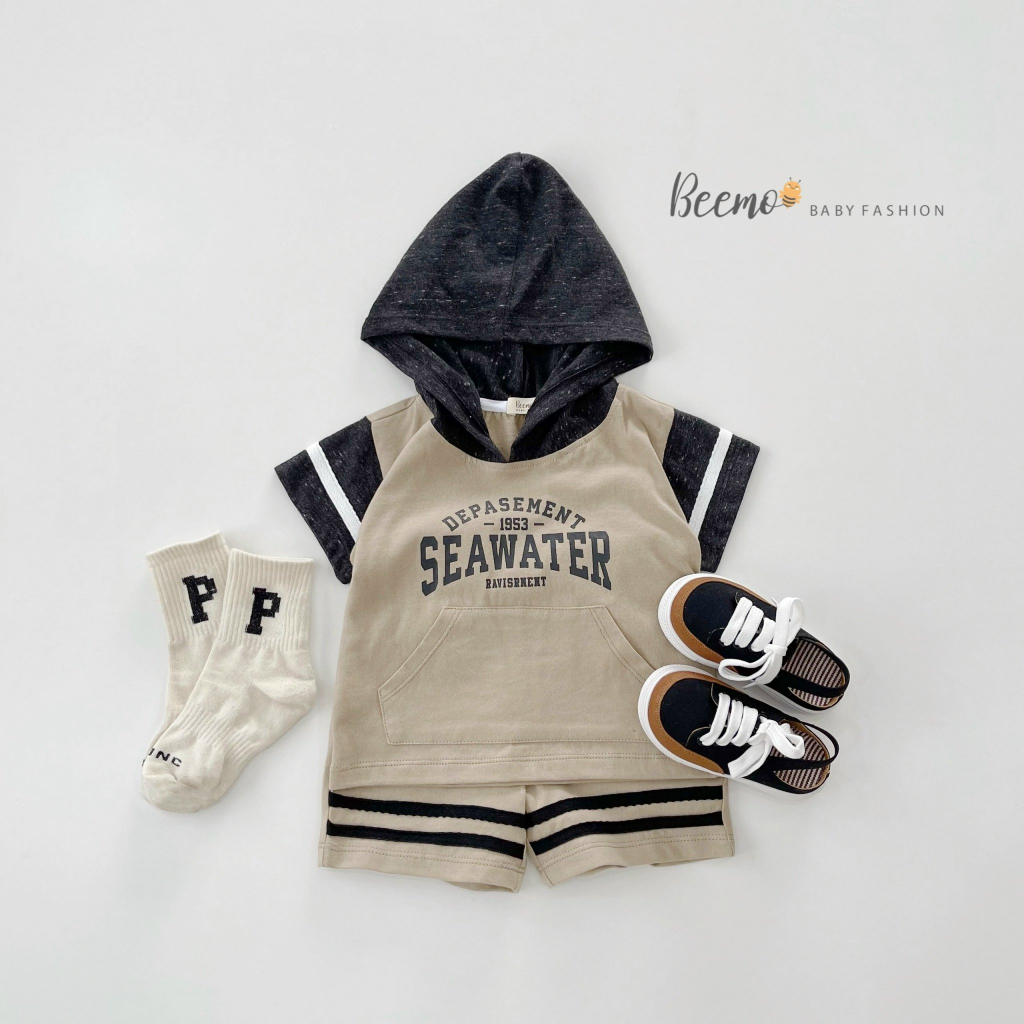 Bộ cotton hoddie unisex cho bé, bộ cộc tay có mũ phong cách thể thao Bernie
