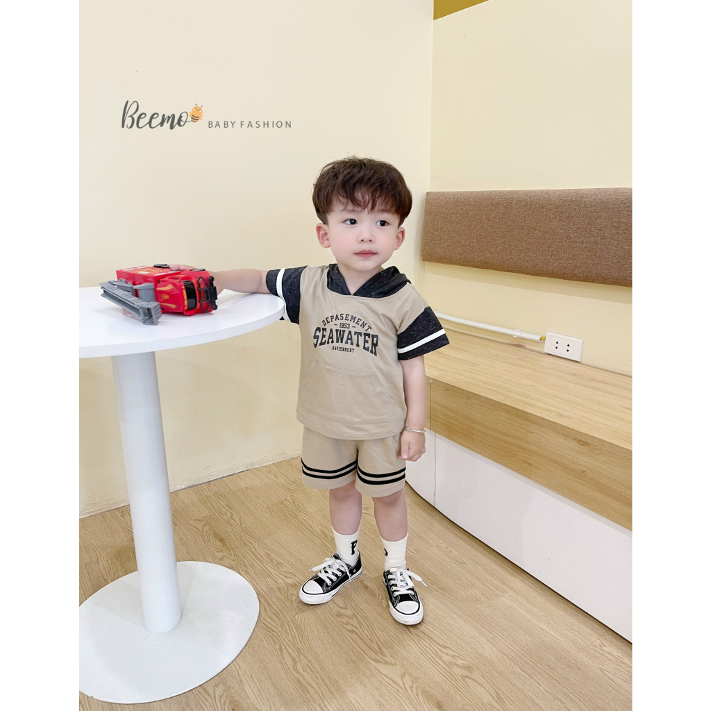 Bộ cotton hoddie unisex cho bé, bộ cộc tay có mũ phong cách thể thao Bernie