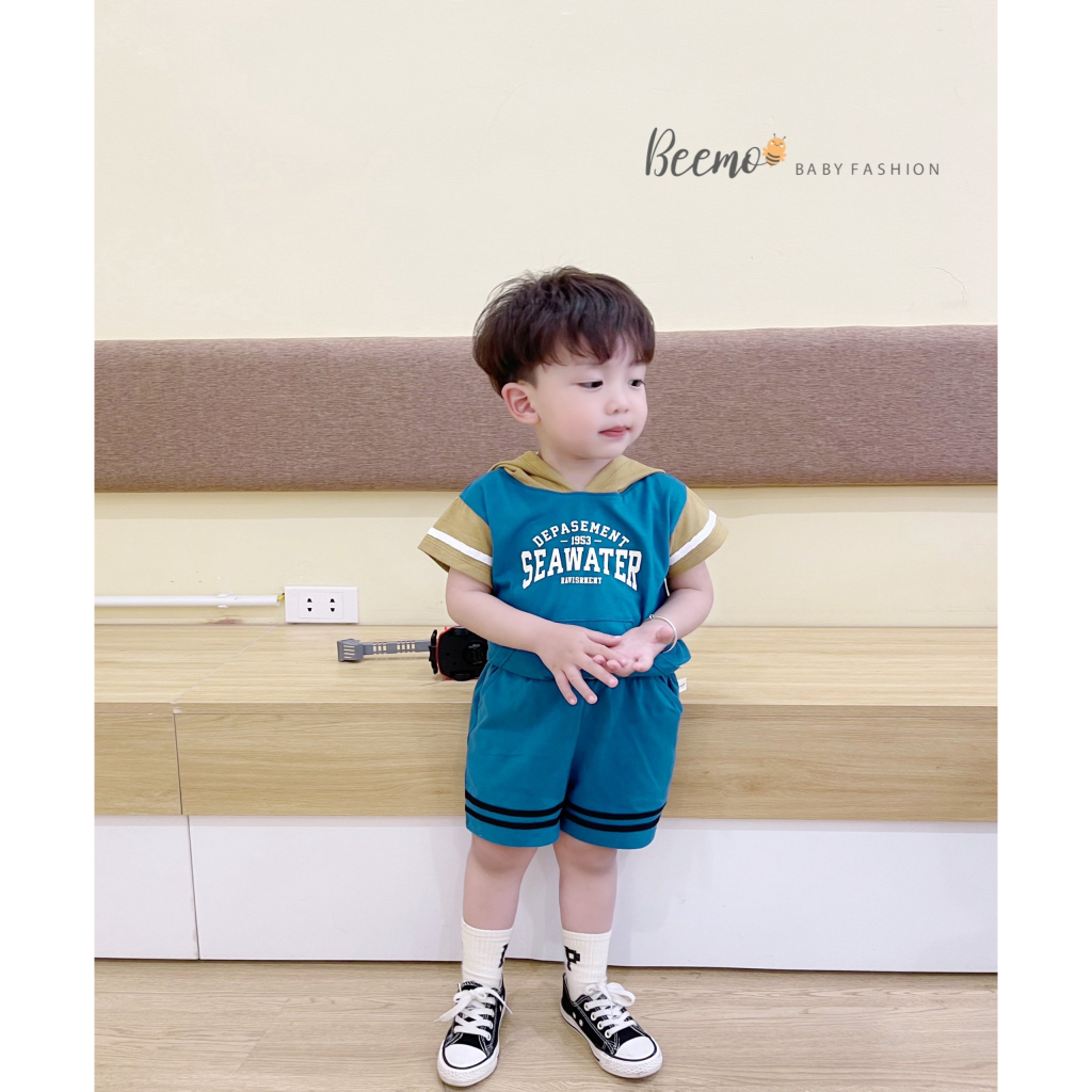 Bộ cotton hoddie unisex cho bé, bộ cộc tay có mũ phong cách thể thao Bernie