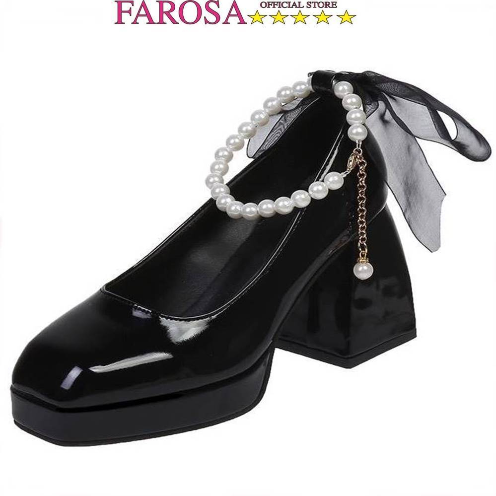 Giày cao gót đế vuông quai ngọc thời trang nữ FAROSA - K77 chất da bóng hai màu đen và trắng cực xinh