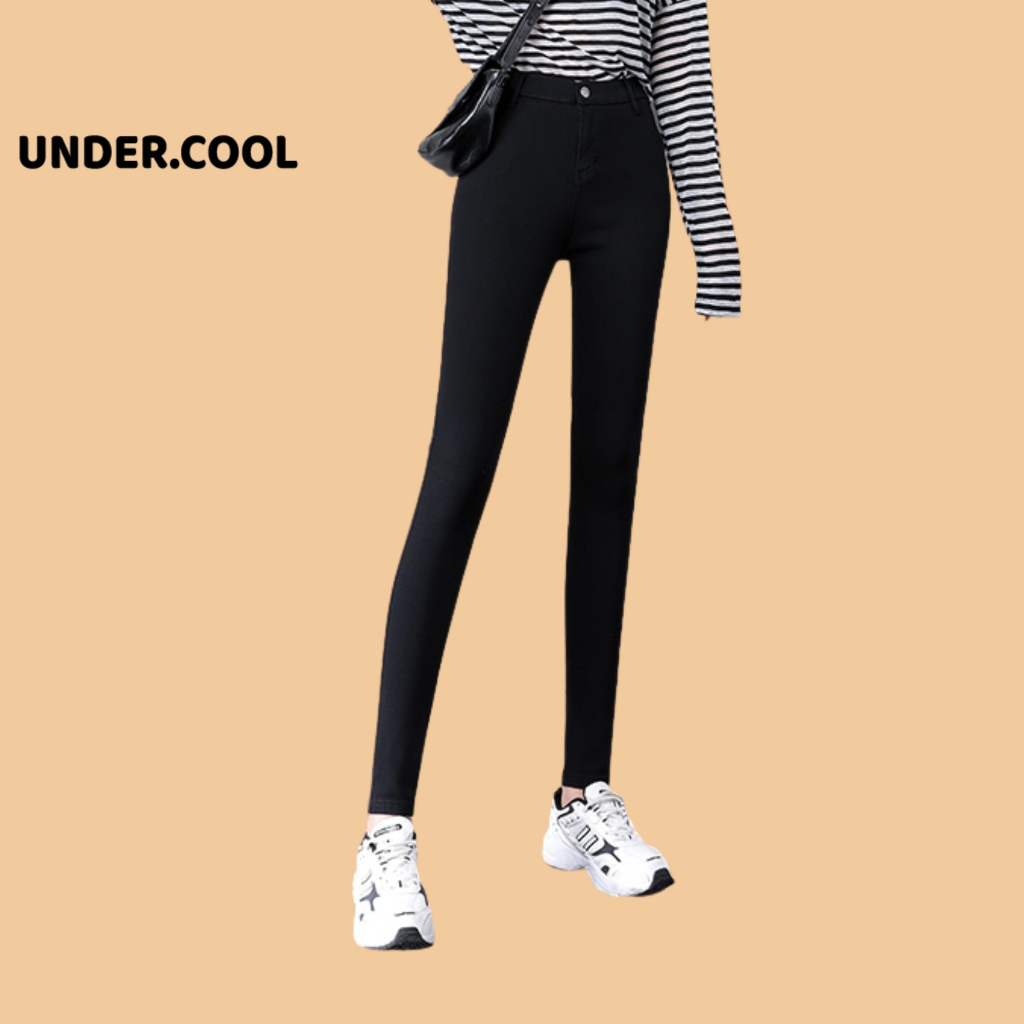 Quần tregging nữ UNDERCOOL lưng cạp cao dài dáng thun ôm bó legging skinny vải giữ nhiệt màu đen QD04