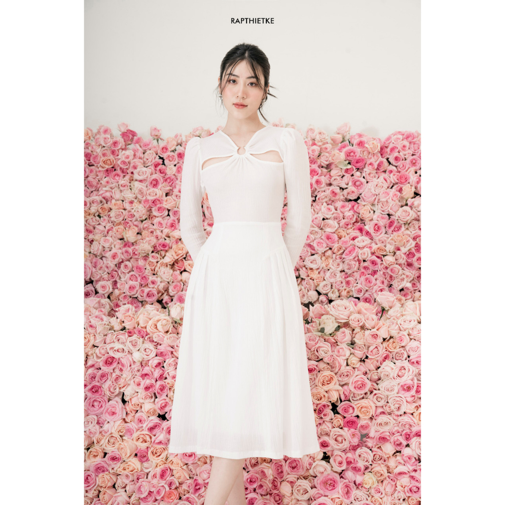RẬP – Đầm Trắng Tay Dài Khoen Cổ Xoắn Tùng Xòe – DARLING 01