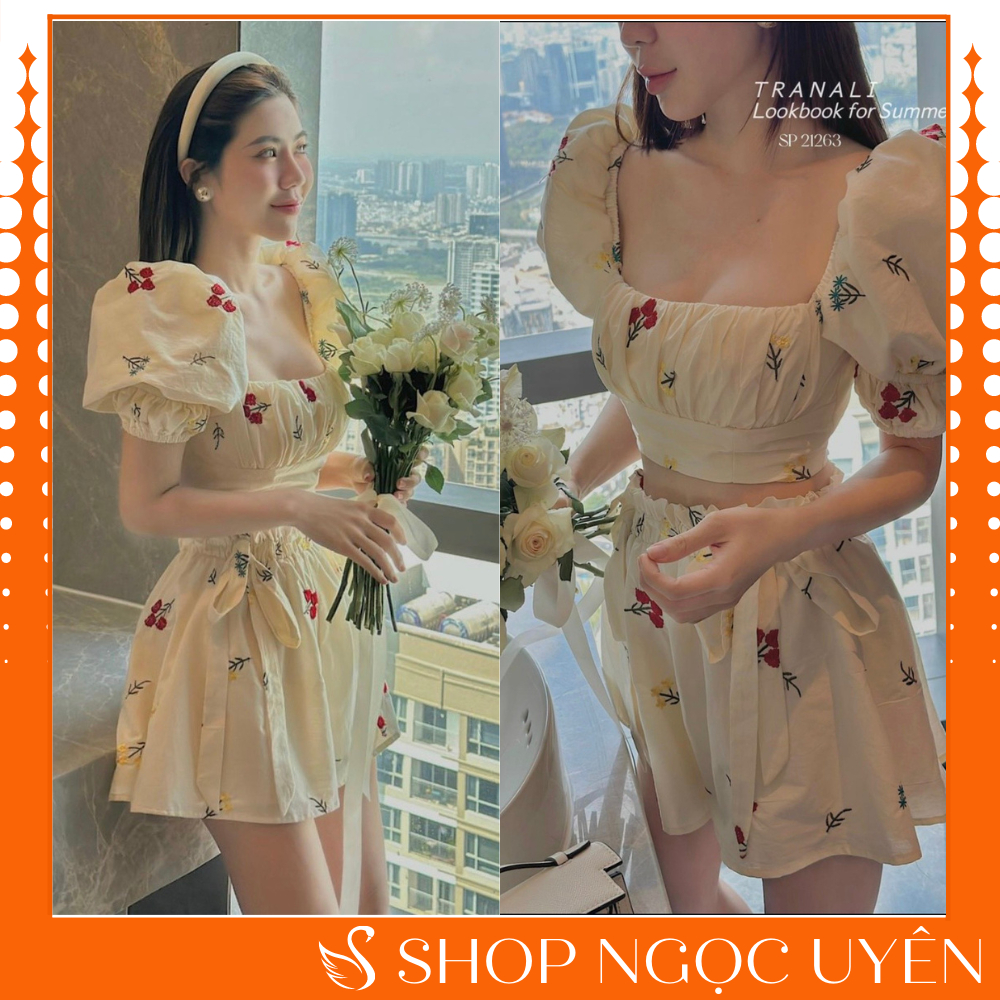 set bo nu di choi ao co vuong tay bong dang croptop mix quan short buoc no hoa nhi ngoc uyen store