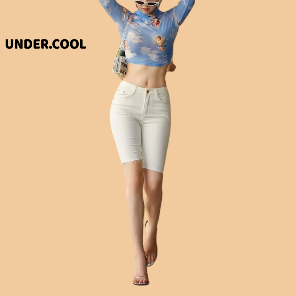 Quần ngố jean trơn nữ UNDERCOOL phong cách hàn quốc đơn giãn dễ phối đồ - bò giấy, lửng short nữ có 4 túi QS08