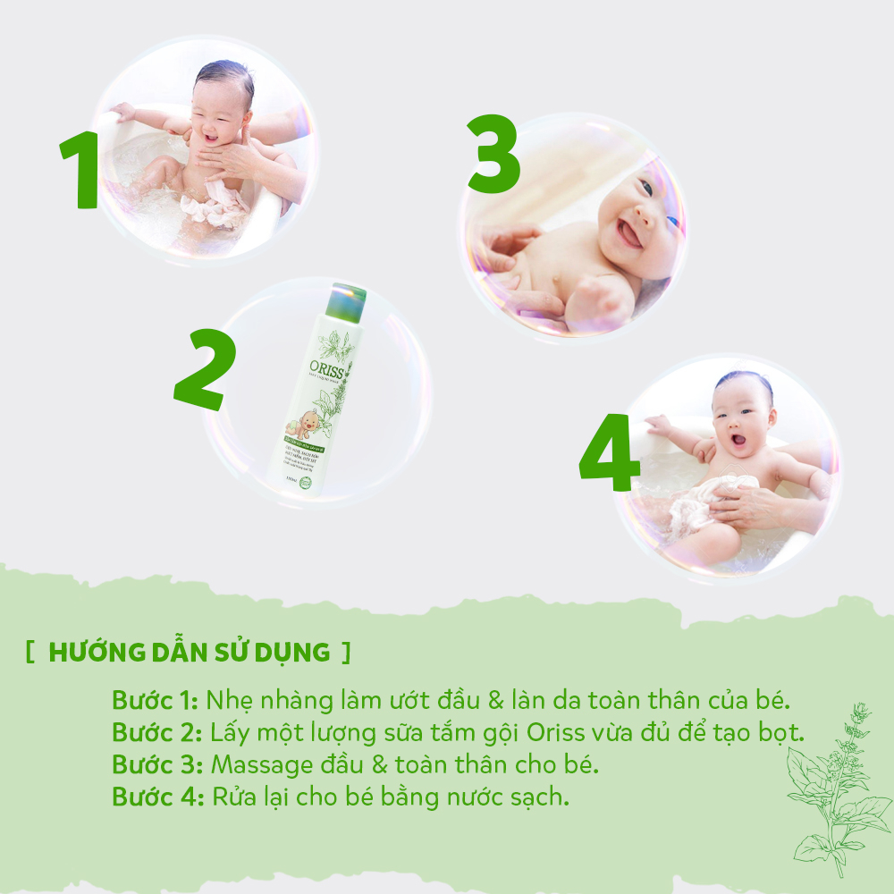 Sữa tắm gội cho bé Oriss dịu nhẹ lành tính sạch rôm sảy chiết xuất lá trầu không an toàn không cay mắt 150ml