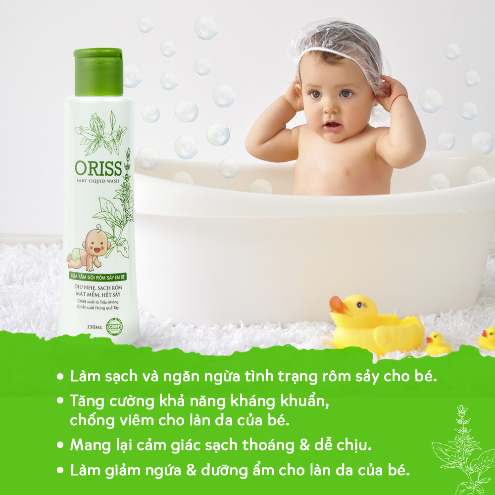 Sữa tắm gội cho bé Oriss dịu nhẹ lành tính sạch rôm sảy chiết xuất lá trầu không an toàn không cay mắt 150ml