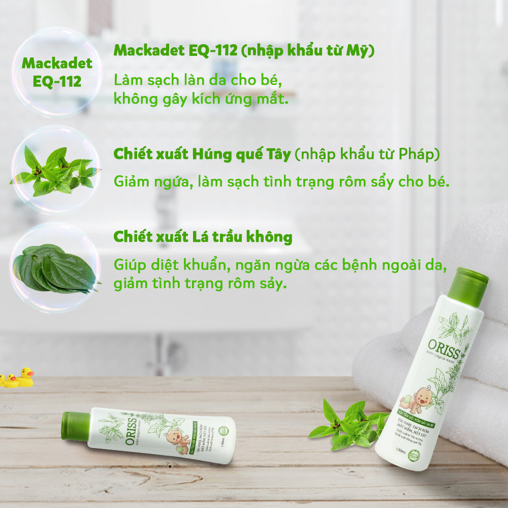 Sữa tắm gội cho bé Oriss dịu nhẹ lành tính sạch rôm sảy chiết xuất lá trầu không an toàn không cay mắt 150ml