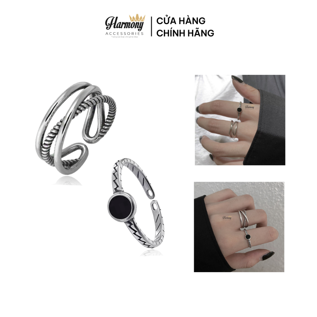 Set nhẫn đá đen và retro chéo nữ bạc 925 cao cấp | HARMONY ACCESSORIES N66 N67