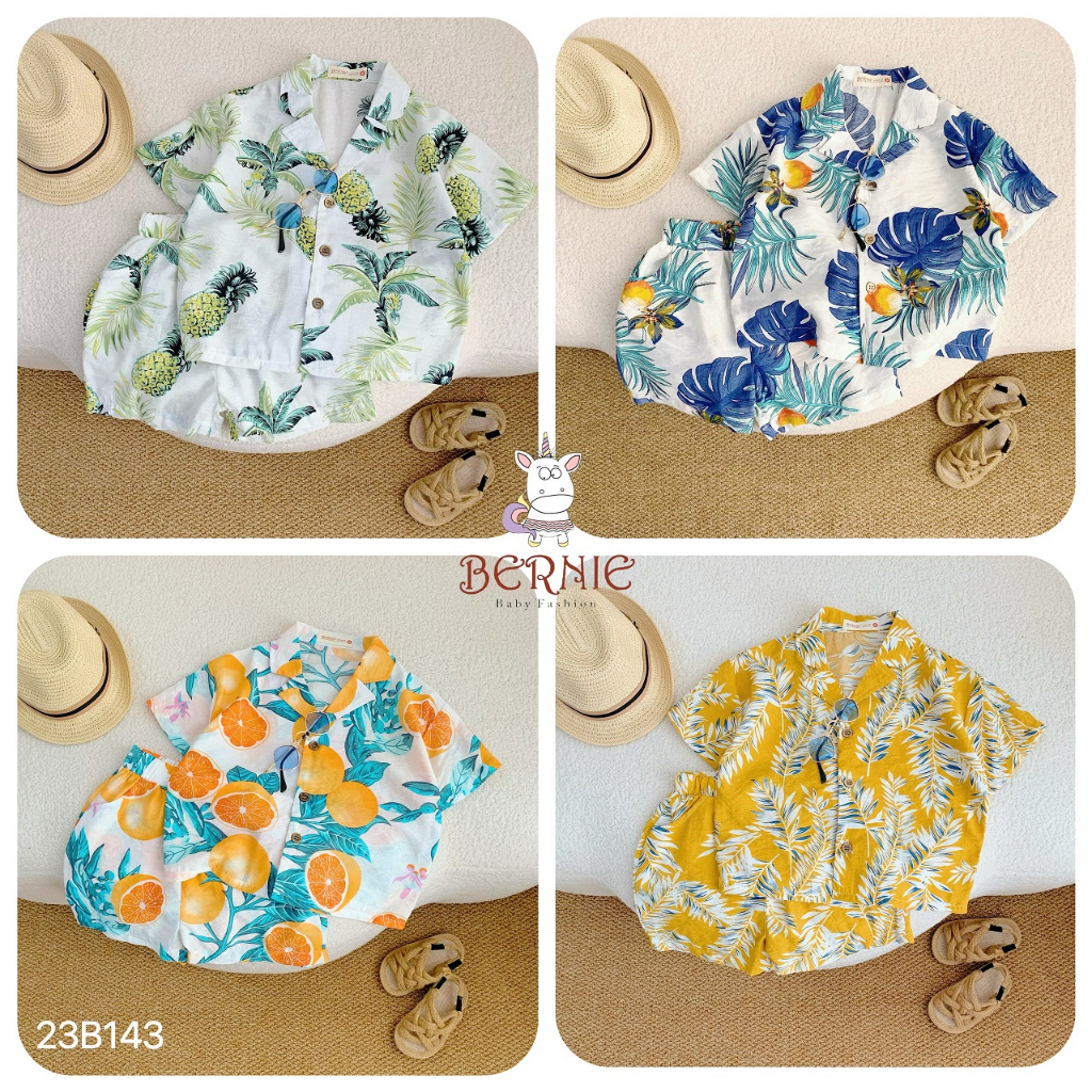Bộ sơ mi đũi hoa quả đi biển unisex cho bé, set đi biển vải đũi mềm mát Bernie