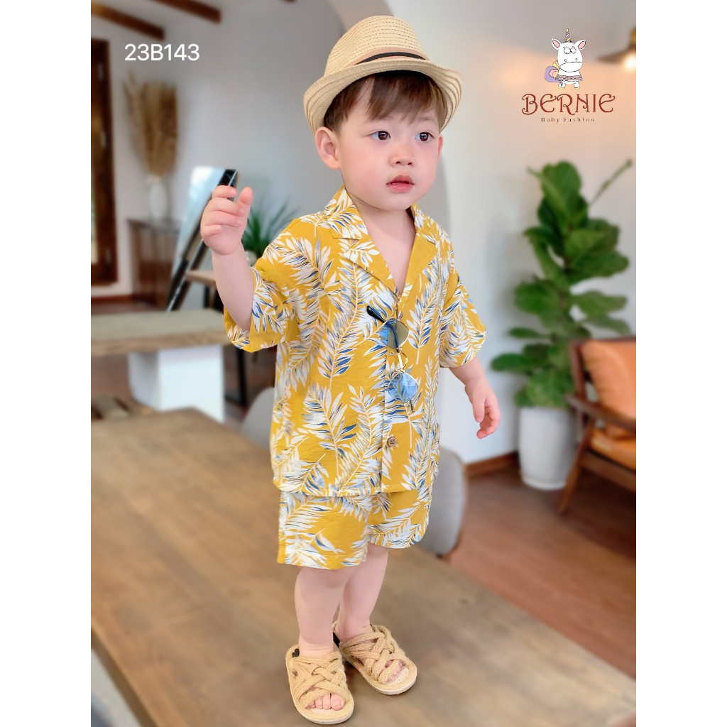 Bộ sơ mi đũi hoa quả đi biển unisex cho bé, set đi biển vải đũi mềm mát Bernie