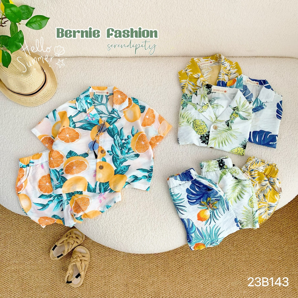 Bộ sơ mi đũi hoa quả đi biển unisex cho bé, set đi biển vải đũi mềm mát Bernie