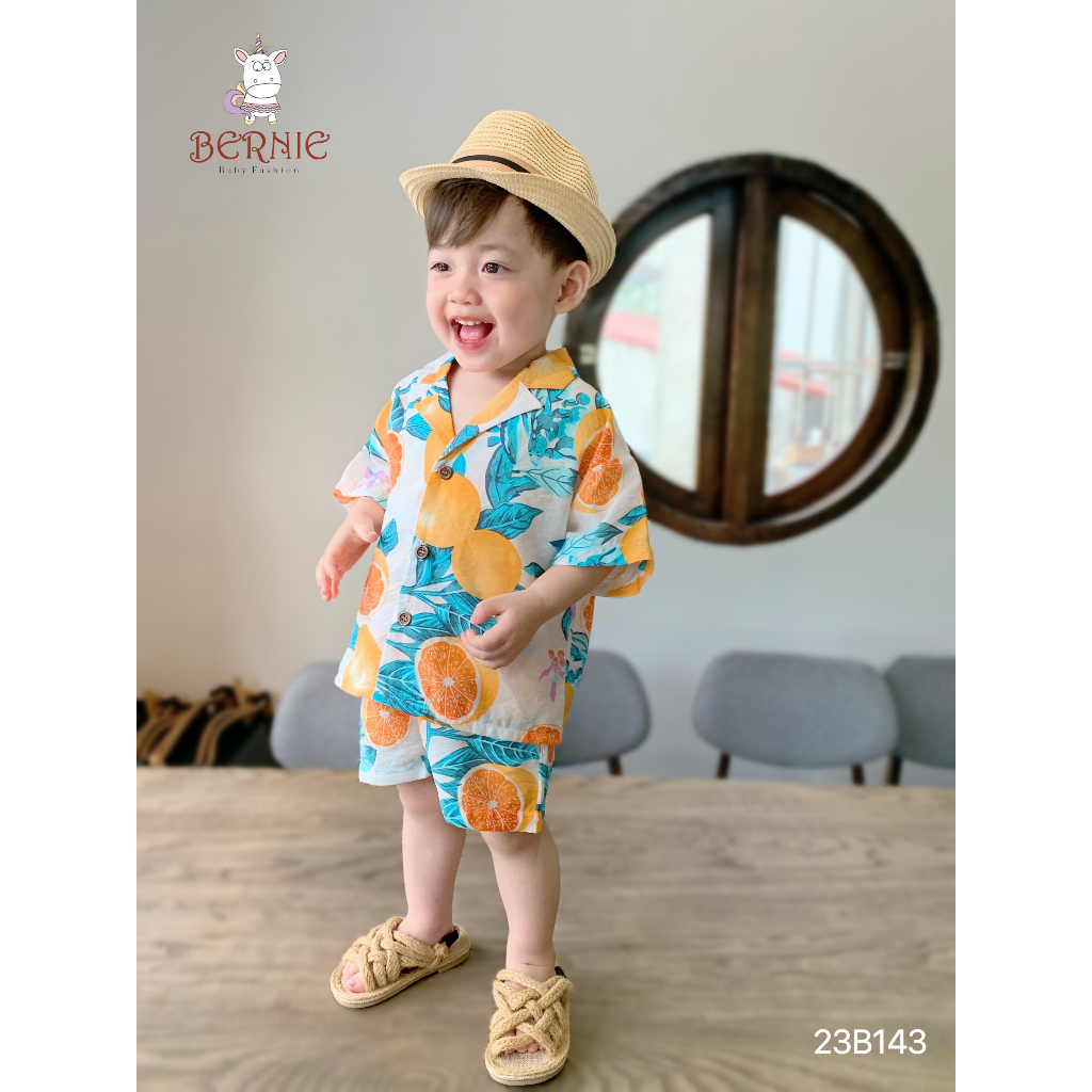 Bộ sơ mi đũi hoa quả đi biển unisex cho bé, set đi biển vải đũi mềm mát Bernie