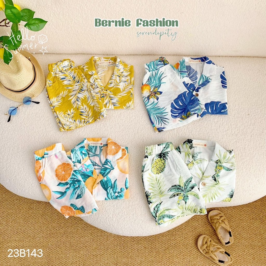 Bộ sơ mi đũi hoa quả đi biển unisex cho bé, set đi biển vải đũi mềm mát Bernie