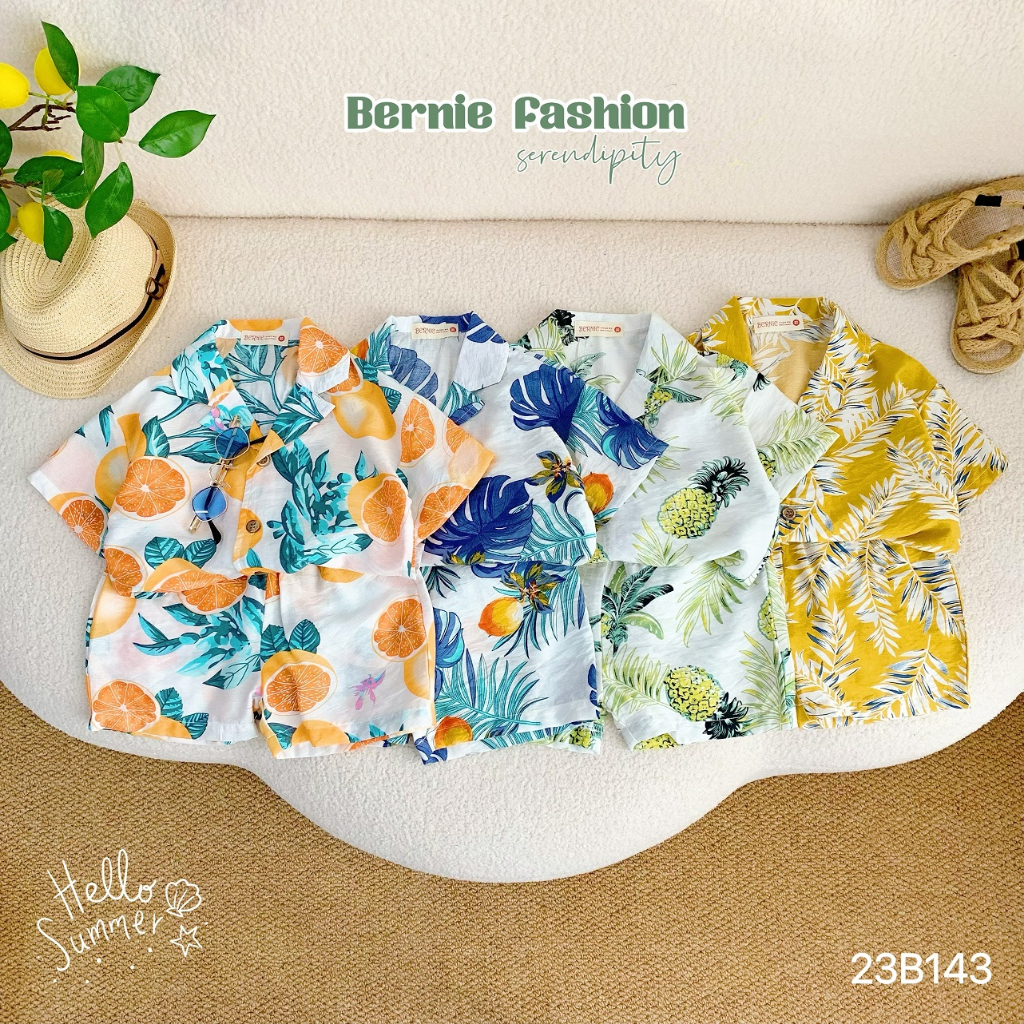 Bộ sơ mi đũi hoa quả đi biển unisex cho bé, set đi biển vải đũi mềm mát Bernie