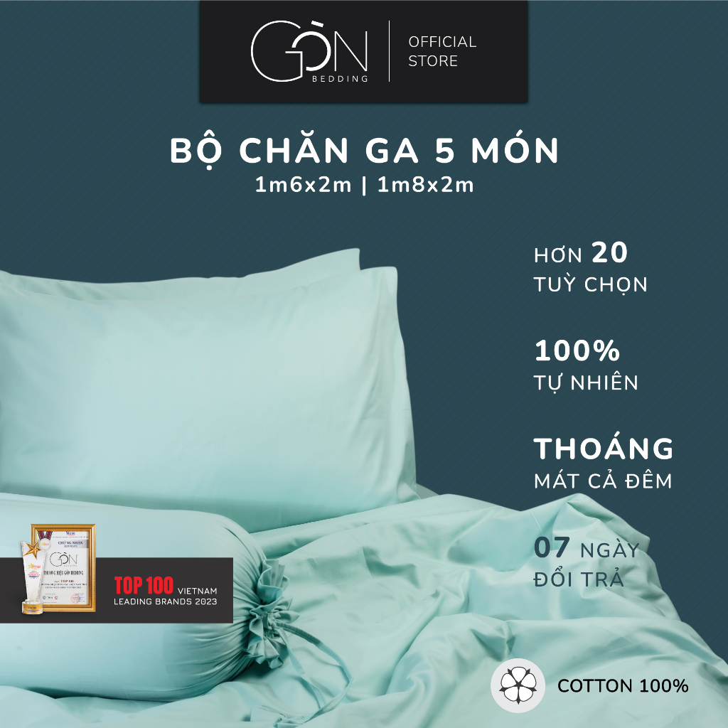 [Nhiều Màu] Bộ Chăn Ga 5 Món Gòn Bedding Cotton 100% Màu Trơn 1m6x2m | 1m8x2m