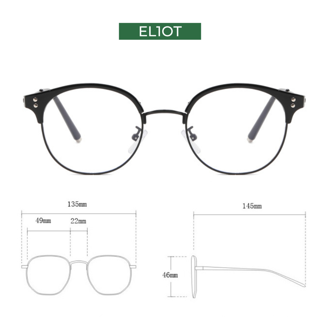 Gọng kính mắt nam nữ ELIOT nửa gọng Clubmaster 01183 chất liệu kim loại và nhựa chống ánh sáng xanh có thể thay cận