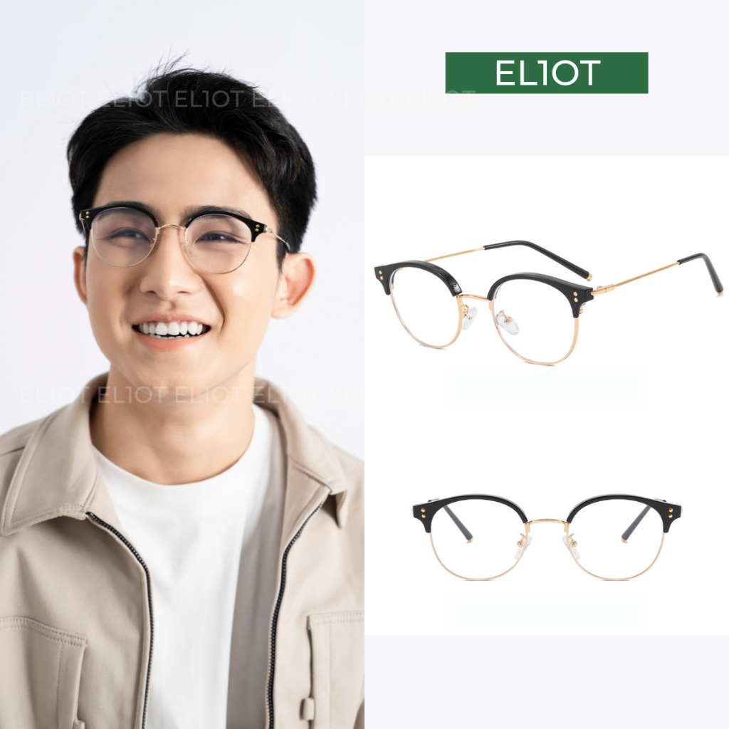 Gọng kính mắt nam nữ ELIOT nửa gọng Clubmaster 01183 chất liệu kim loại và nhựa chống ánh sáng xanh có thể thay cận