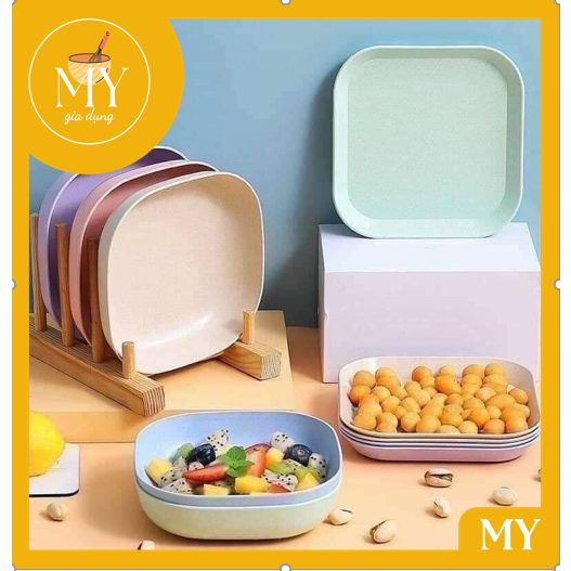 Set 8 Dĩa Nhựa Lúa Mạch  -  (4 cạn + 4 Sâu) Tone Màu Pastel Siêu Dễ Thương